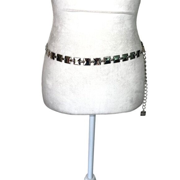 Vintage Womens Belt Silver Size Small Medium Drop Chain Metal Squares Classic - Picture 8 of 11